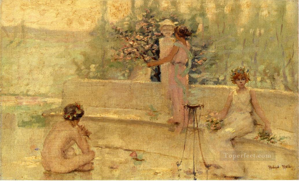 イタリアの庭園の女性の 3 人の人物 ロバート・リード油絵